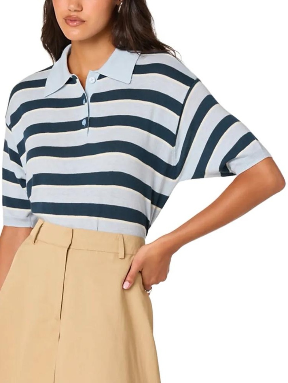ASTR Striped Short-Sleeve Button-Down Polo in Light Blue and Navy
